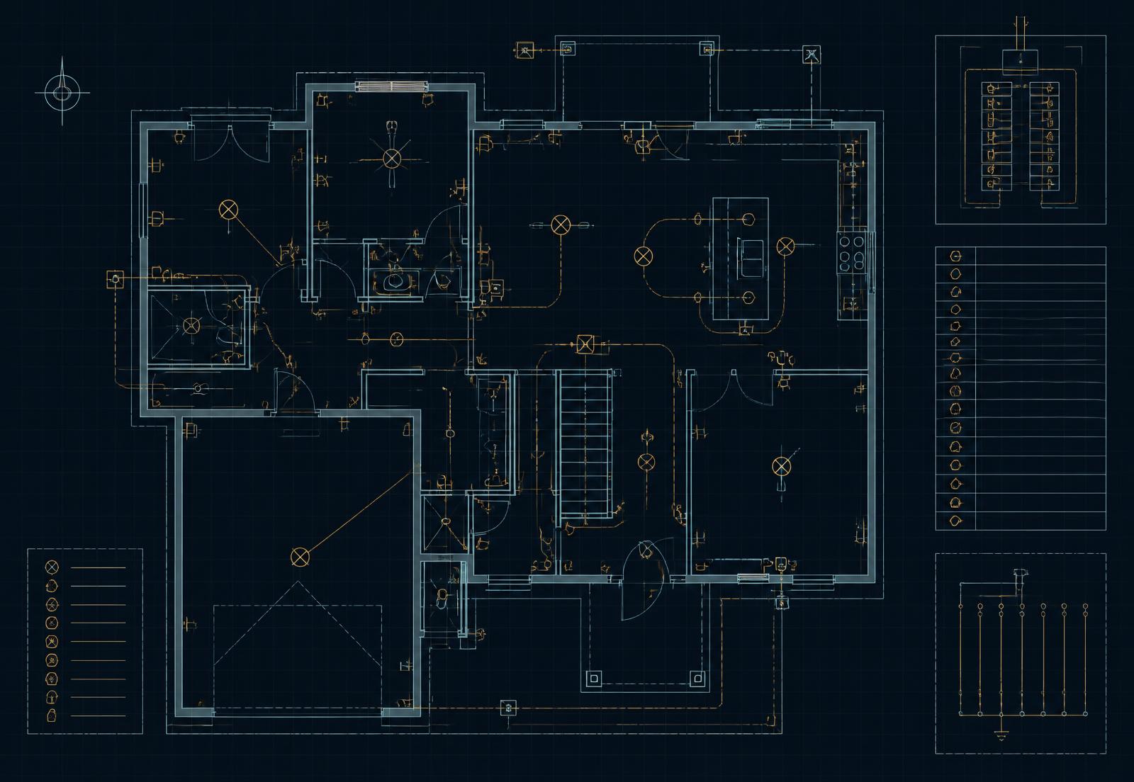 Electrical plan sheet with conduit runs, panel schedule, and fixture symbols